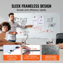 VEVOR magnetisch glazen whiteboard, wandbord droog uitwisbaar bord 1829 x 915 cm, wandgemonteerd wit glazen bord zonder frame, met pennenbak, een gum en 2 pennen, magneetbord wit