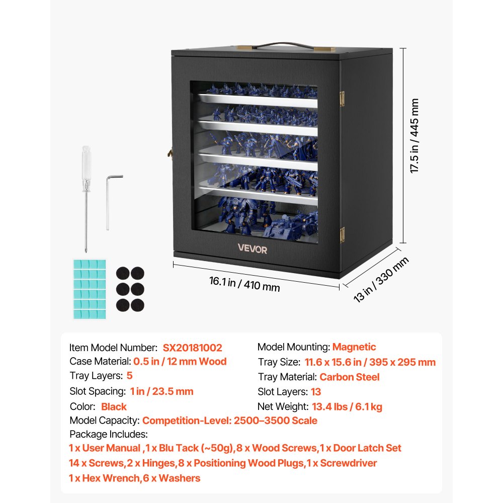 VEVOR Miniatures Storage Case, Fits for 1:2500-1:3500 Scale Models, Wooden Miniatures Display Holder with 5 Tray & 13 Slots, Clear View Miniature Transport Case for Collectibles (Minis Not Included)