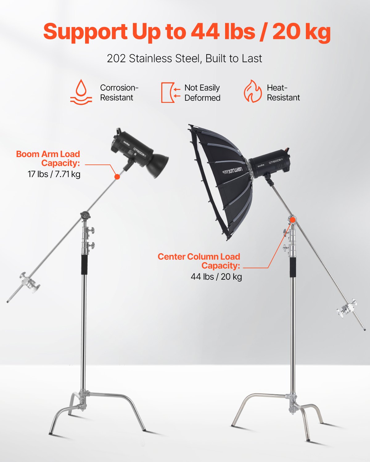 VEVOR C-Stand met boomarm, max. hoogte 330 cm, robuust fotolichtstatief van roestvrij staal met verstelbare hoogte van 1463 tot 2987 mm, 2 gripkoppen voor studiomonolight, softbox en reflector