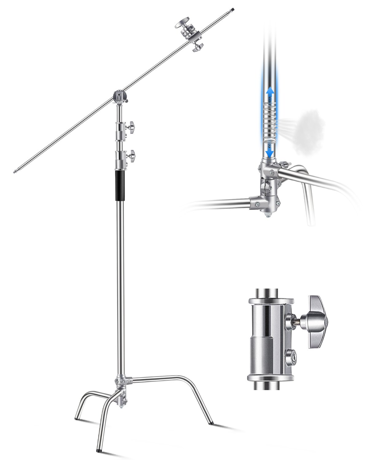 VEVOR C-Stand met boomarm, max. hoogte 330 cm, robuust fotolichtstatief van roestvrij staal met verstelbare hoogte van 1463 tot 2987 mm, 2 gripkoppen voor studiomonolight, softbox en reflector