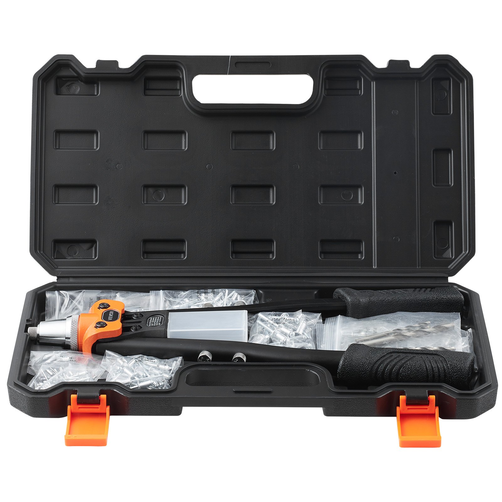 VEVOR Pop Rivet Gun Kit, with 230 Blind Rivets, Two-Handed Riveter with 5 Interchangeable Nosepieces, 5 Drill Bits, and a Carrying Case, Manual Riveting Tool for Metal, Automotive, Home, and DIY