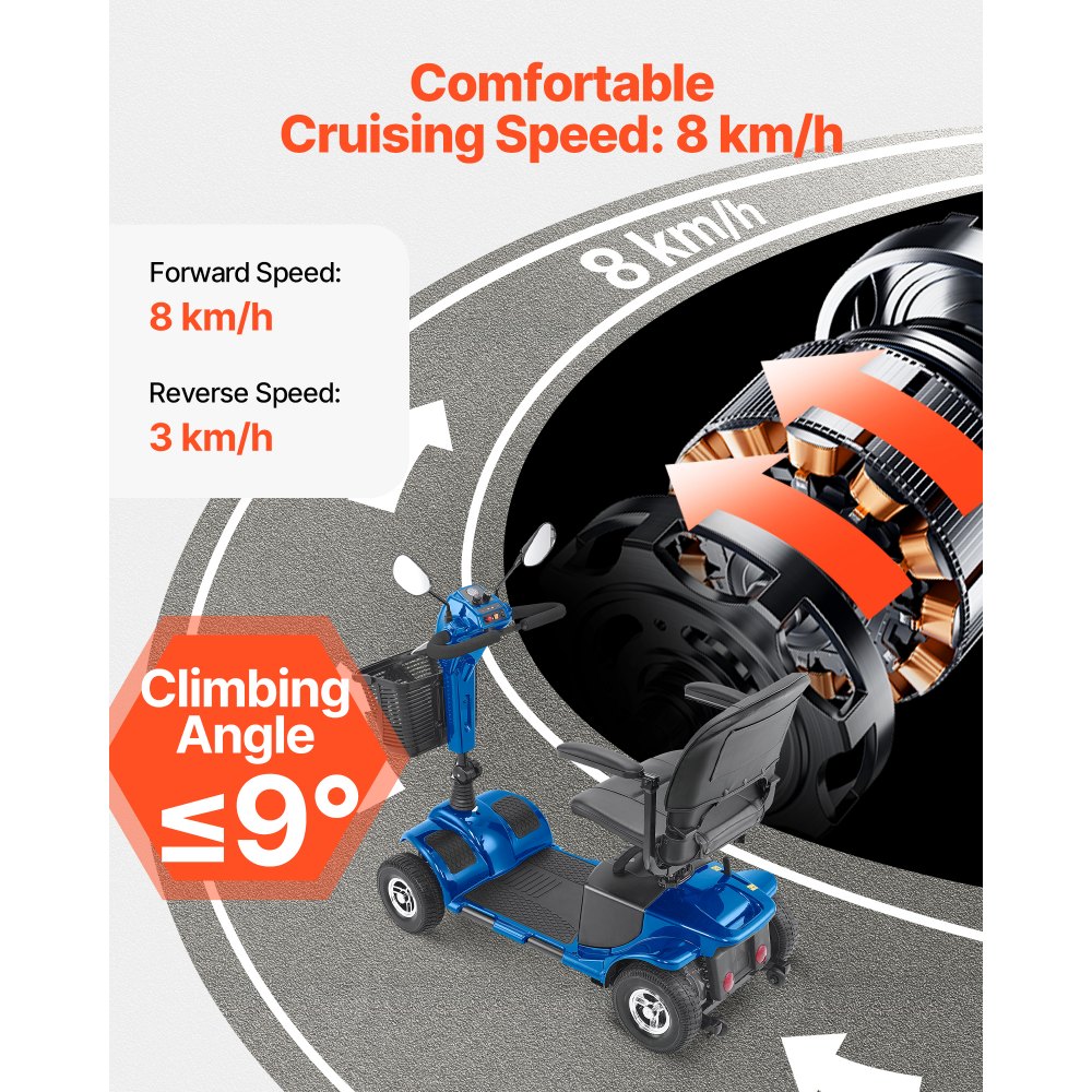 VEVOR 4-wielige elektrische scootmobiel voor senioren, met een actieradius van 25 km, all-terrain reisrolstoel met antislipwielen, klimvermogen van 9° en een draagvermogen van 120 kg, blauw