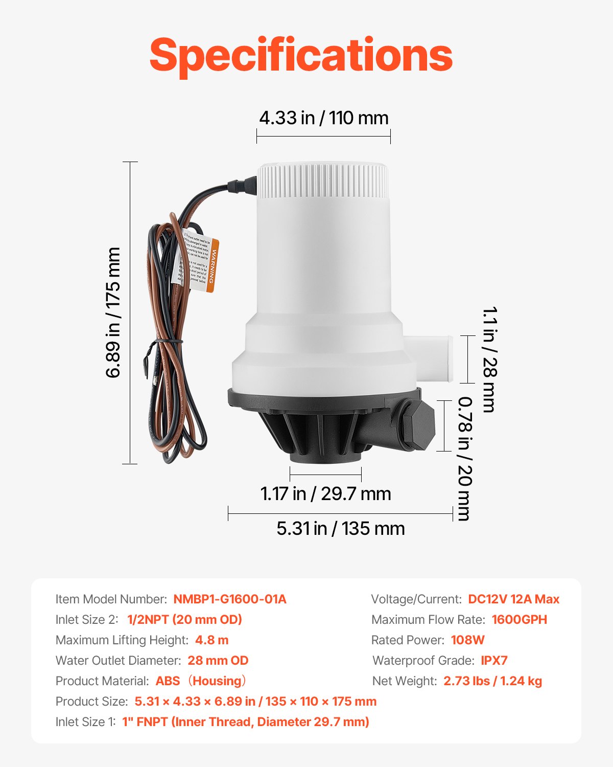 VEVOR Livewell Pump for Boat, 12V 1600 GPH Straight Livewell Aerator Pump with Dual Inlet, ABA Housing & Detachable Motor Cartridge, Corrosion-Resistant Livewell/Baitwell Pump for Freshwater Saltwater