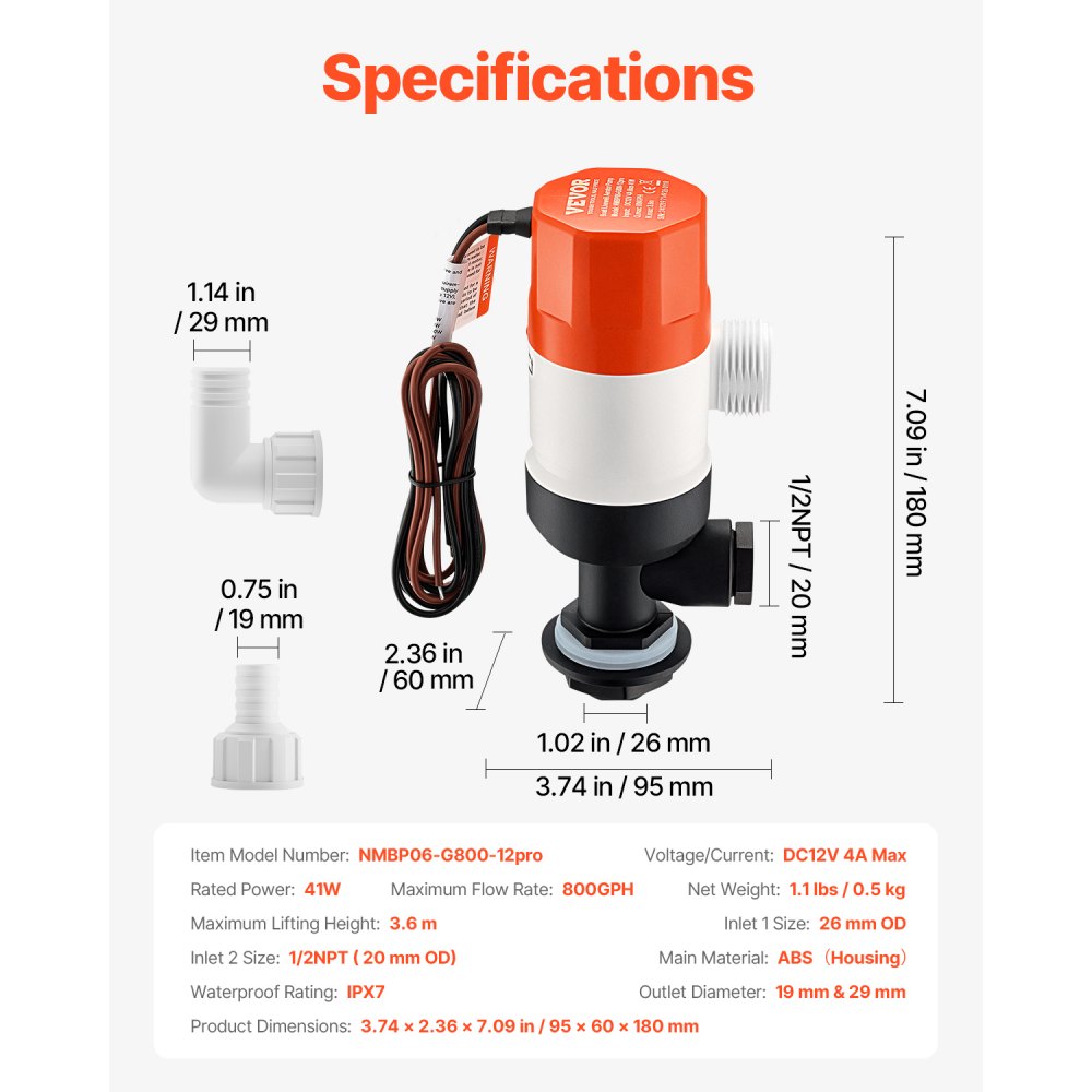 VEVOR 12V 800 GPH Rechte Livewell-beluchterpomp voor boten met dubbele inlaat, ABA-behuizing, verwijderbare motorcartridge, corrosiebestendige Livewell-beluchterpomp voor zoet en zout water