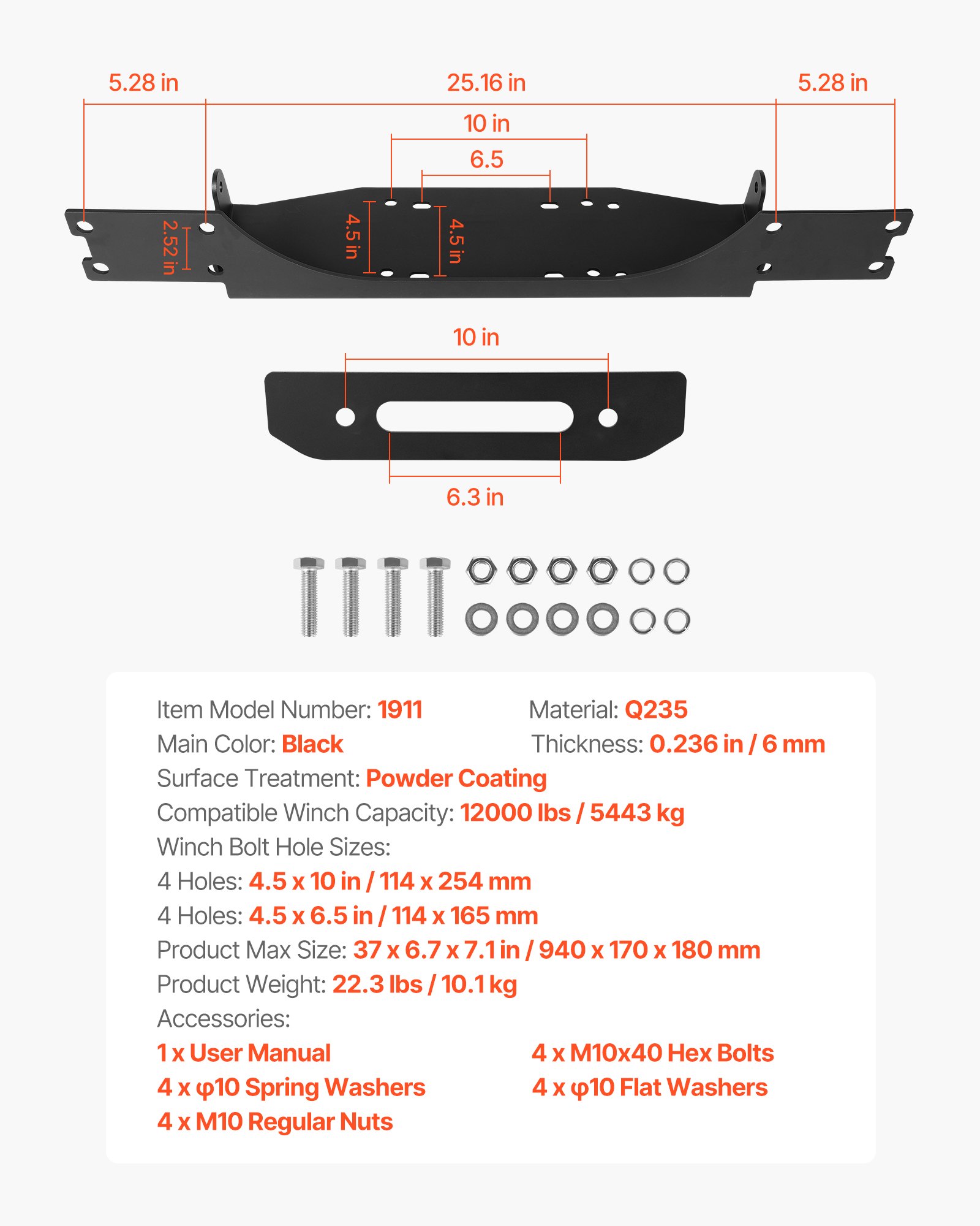 VEVOR Lierbevestiging, 5443 kg capaciteit, montageplaat voor aanhangerlier voor Jeep Wrangler JL/JLU en Gladiator JT modellen 2018-2023, met 2-gats bevestiging, gepoedercoat staal, zwart