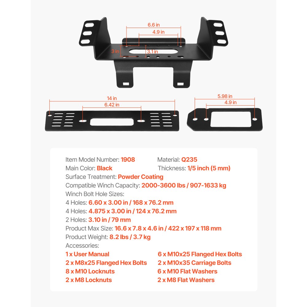 VEVOR Trailer Hitch Lier Montageplaat, Capaciteit 907-1633 kg, Beugel voor 2010-2021 Polaris Ranger Rescue Modellen, met 3-gats montage, Gepoedercoat staal, Zwart