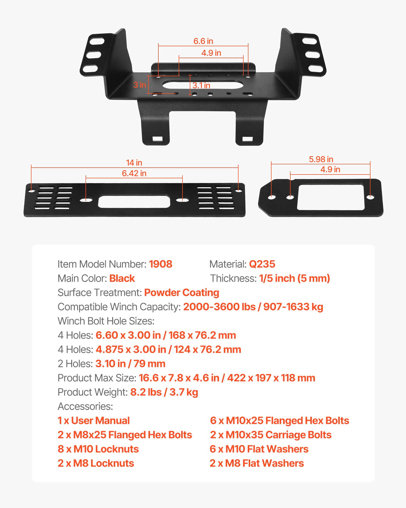 VEVOR Trailer Hitch Lier Montageplaat, Capaciteit 907-1633 kg, Beugel voor 2010-2021 Polaris Ranger Rescue Modellen, met 3-gats montage, Gepoedercoat staal, Zwart
