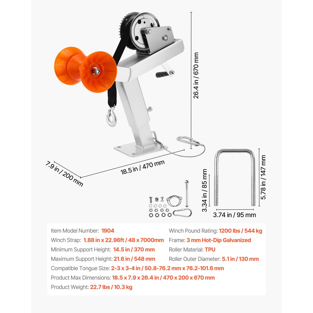 VEVOR Boat Trailer Winch Stand with Roller, 544 kg Winch & 51 mm x 7.6 m Winch Strap, Boat Winch Mount with U-Bolt for 50.8-76.2 mm W x 76.2-101.6 mm H Trailer Tongue, Fit for Jet Ski, Sailboat, Speedboat