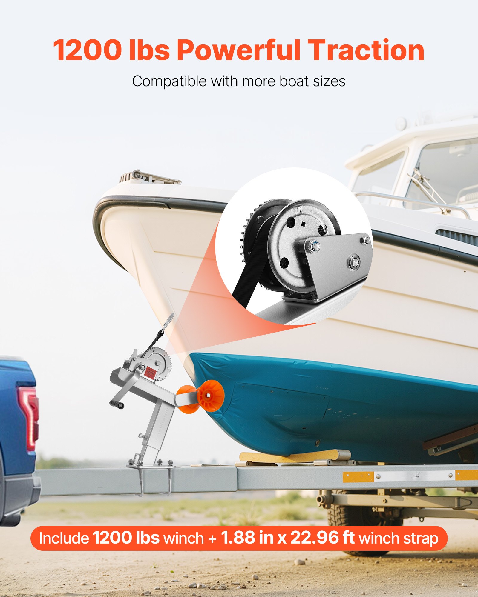 VEVOR Boat Trailer Winch Stand with Roller, 544 kg Winch & 51 mm x 7.6 m Winch Strap, Boat Winch Mount with U-Bolt for 50.8-76.2 mm W x 76.2-101.6 mm H Trailer Tongue, Fit for Jet Ski, Sailboat, Speedboat