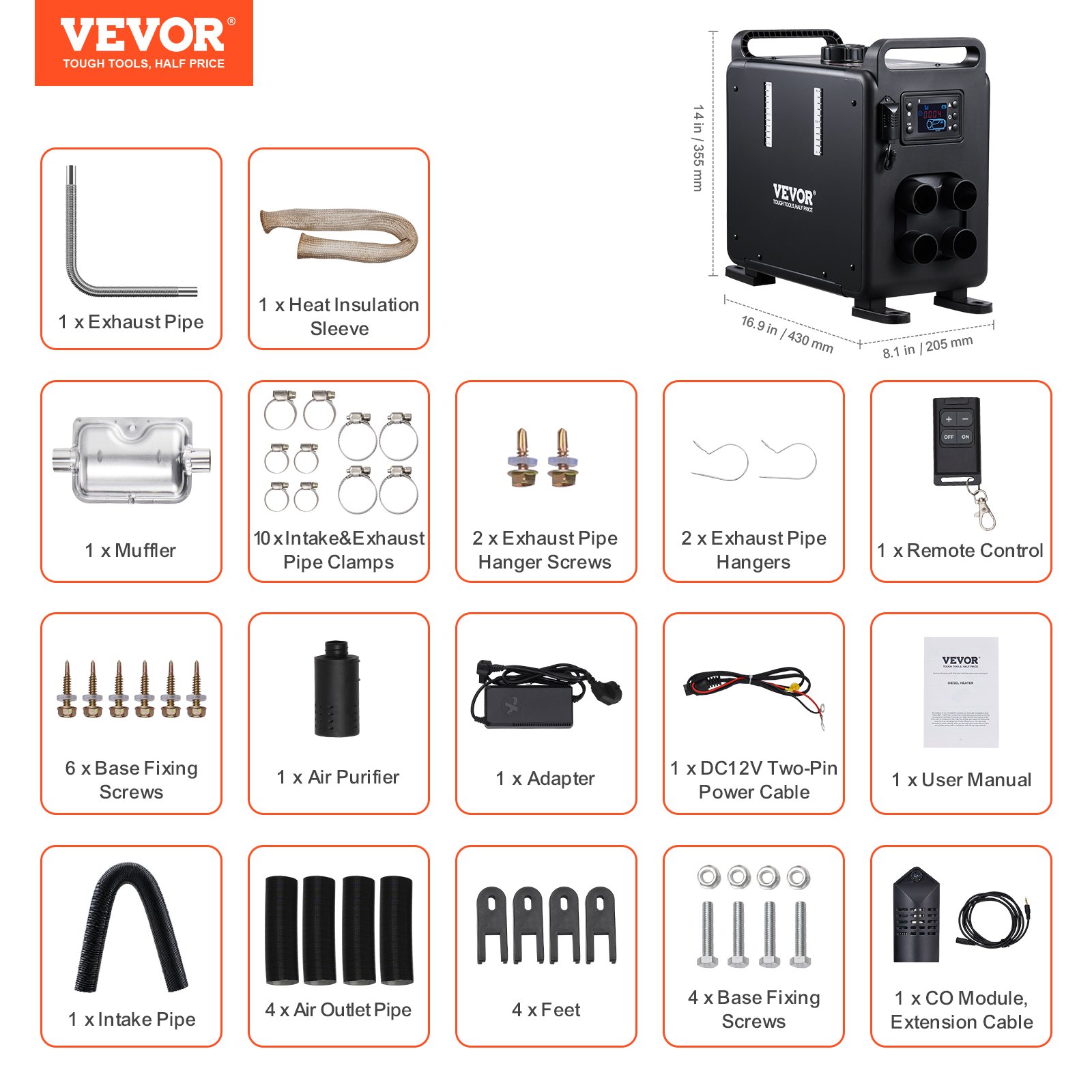 VEVOR 5-8KW dieselverwarming 12 V / 24 V alles-in-één dieselluchtverwarmer met Bluetooth-appbediening, afstandsbediening, display en CO-alarm, snel verwarmende verticale draagbare dieselverwarming