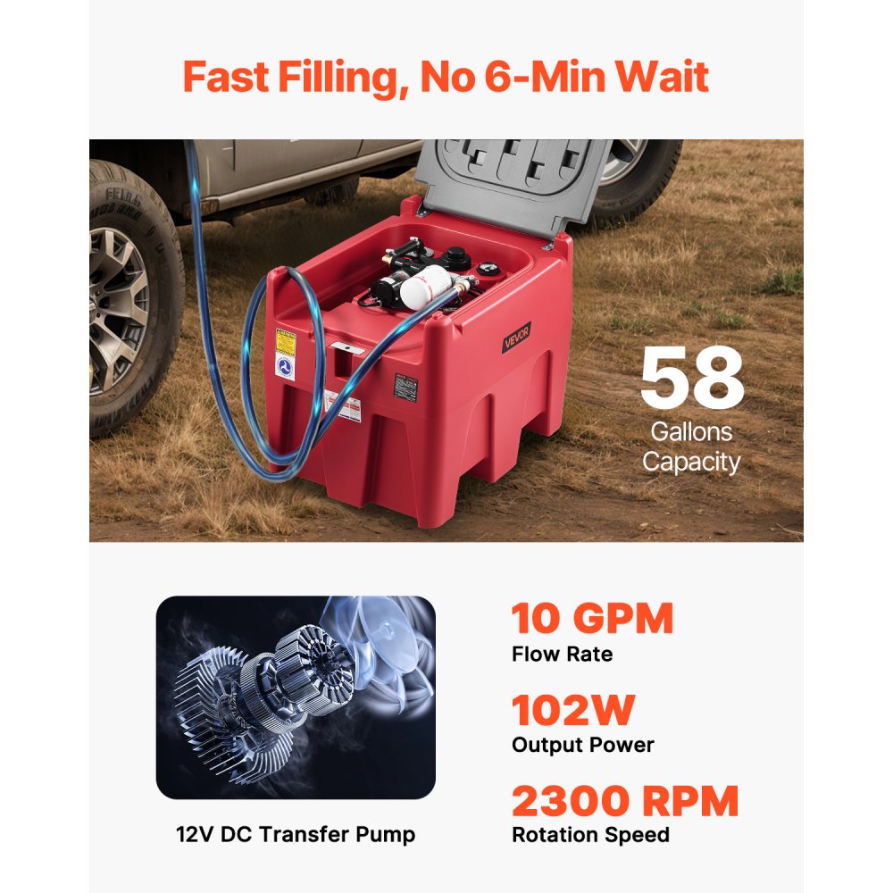 VEVOR Portable Diesel & Gasoline Tank, 58 Gallon, 10 GPM Flow Rate, Diesel Fuel Tank with 12V Electric Transfer Pump, 13.1ft Hose, Auto Fueling Nozzle, Transfer Tank for Easy Fuel Transportation, Red