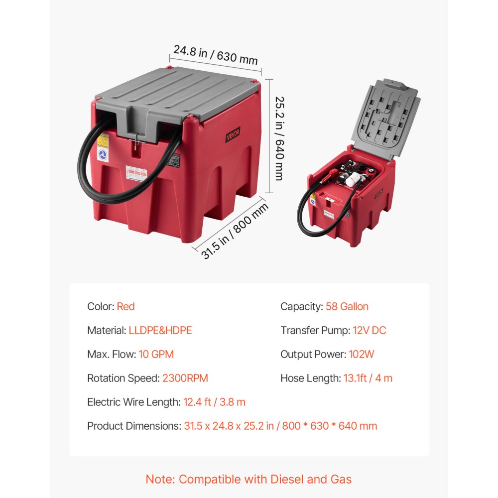 VEVOR Portable Diesel & Gasoline Tank, 58 Gallon, 10 GPM Flow Rate, Diesel Fuel Tank with 12V Electric Transfer Pump, 13.1ft Hose, Auto Fueling Nozzle, Transfer Tank for Easy Fuel Transportation, Red
