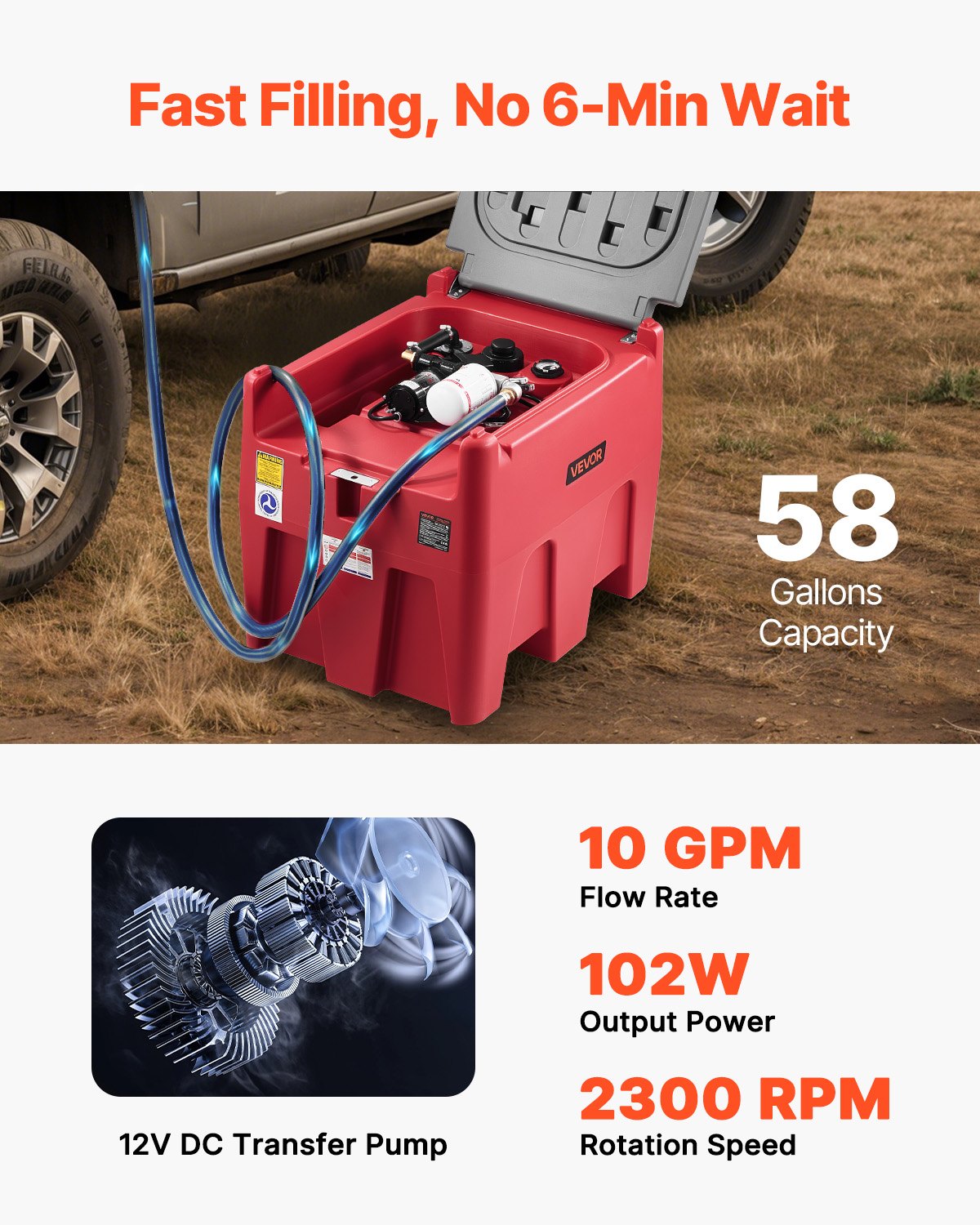 VEVOR Portable Diesel & Gasoline Tank, 58 Gallon, 10 GPM Flow Rate, Diesel Fuel Tank with 12V Electric Transfer Pump, 13.1ft Hose, Auto Fueling Nozzle, Transfer Tank for Easy Fuel Transportation, Red