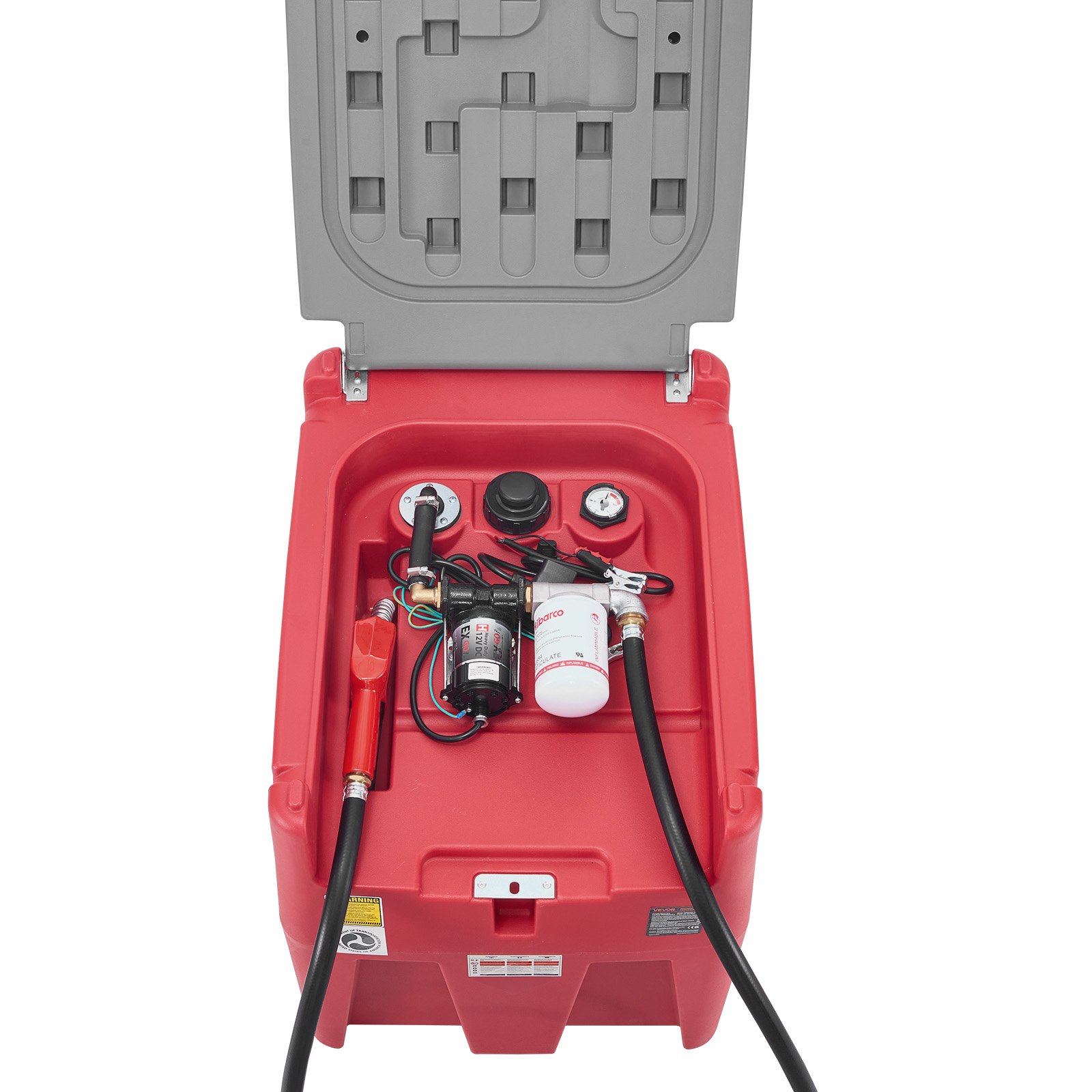 VEVOR Portable Diesel & Gasoline Tank, 58 Gallon, 10 GPM Flow Rate, Diesel Fuel Tank with 12V Electric Transfer Pump, 13.1ft Hose, Auto Fueling Nozzle, Transfer Tank for Easy Fuel Transportation, Red