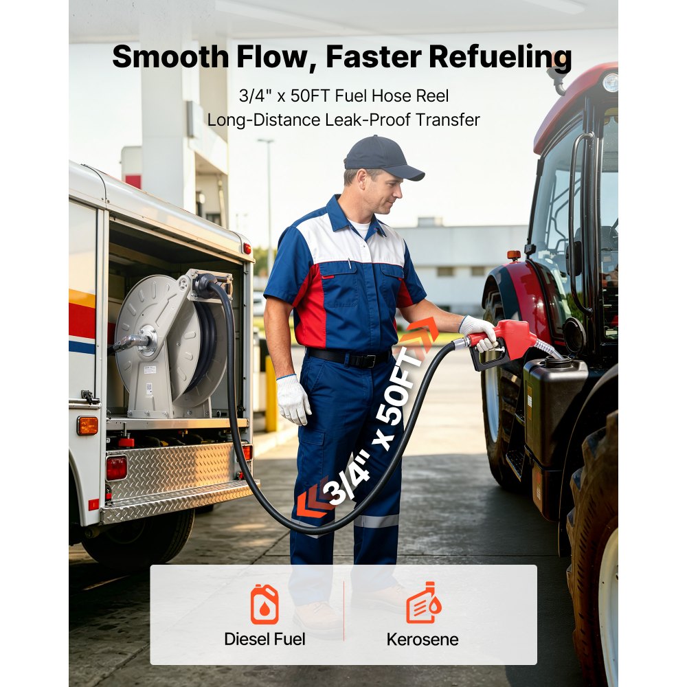 VEVOR brandstofslanghaspel 15 m, industriële olieslanghaspel met 3/4-inch NBR-slang, doseermondstuk en automatische oprolfunctie, oprolbare slanghaspel voor diesel, kerosine en benzine.