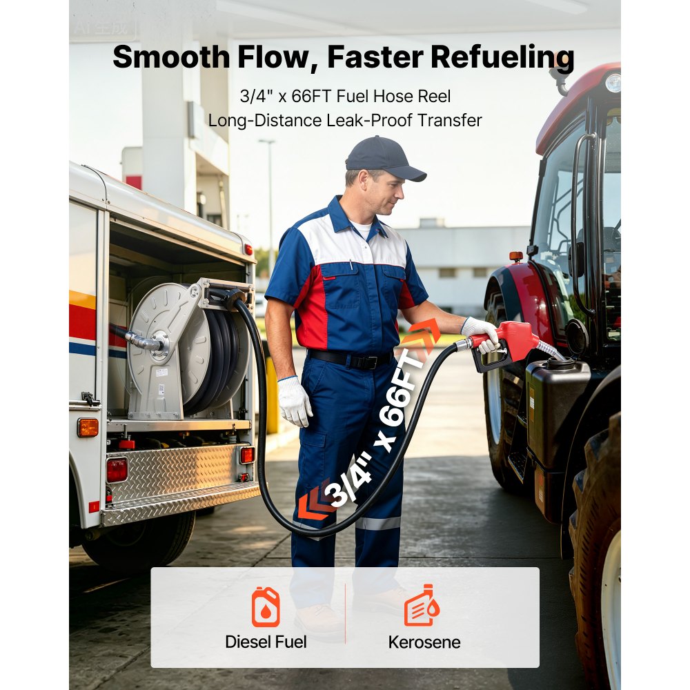 VEVOR brandstofslanghaspel 19,8 m, industriële olieslanghaspel met 3/4-inch NBR-slang, doseermondstuk en automatische oprolfunctie, oprolbare slanghaspel voor diesel, kerosine en benzine.