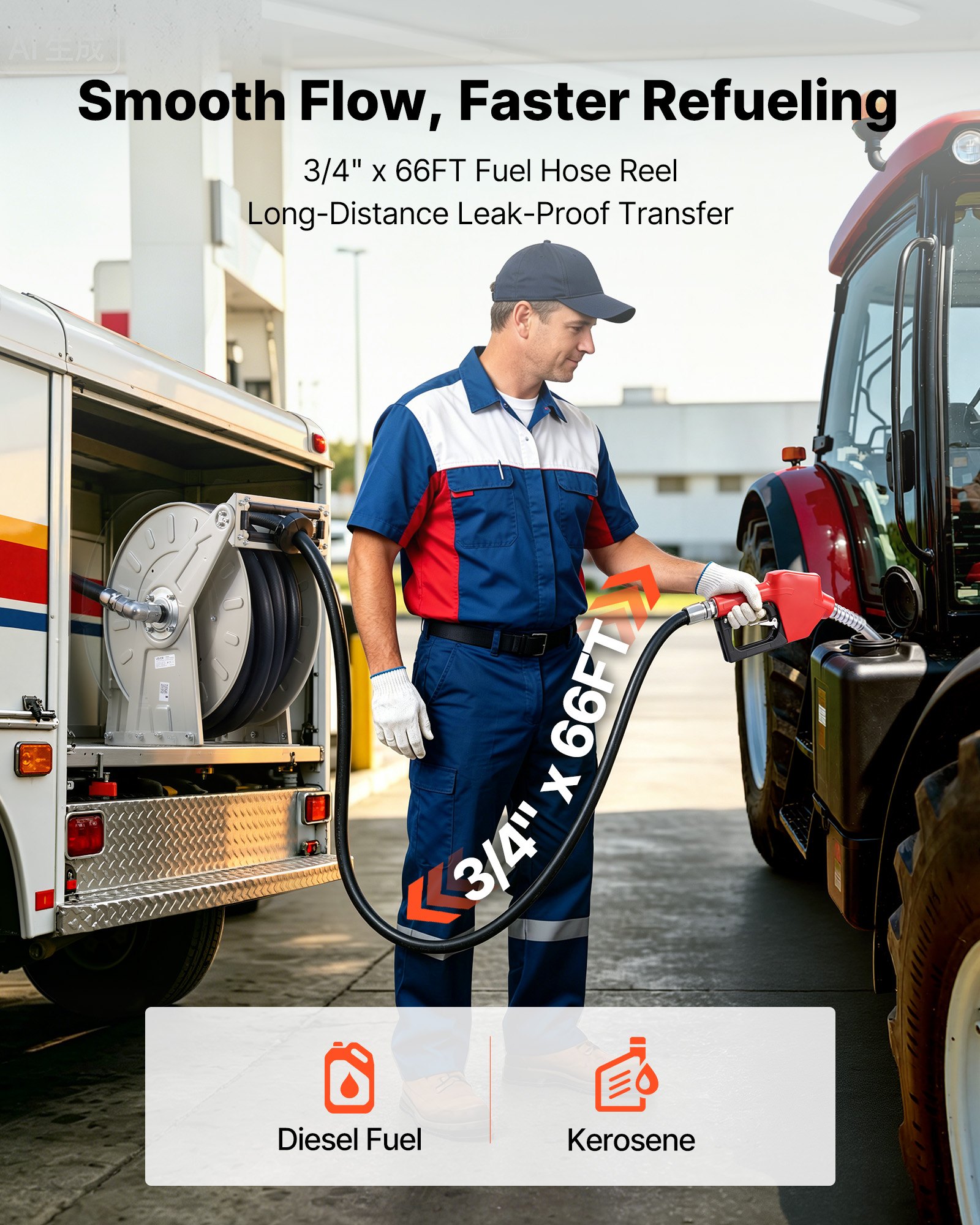 VEVOR brandstofslanghaspel 19,8 m, industriële olieslanghaspel met 3/4-inch NBR-slang, doseermondstuk en automatische oprolfunctie, oprolbare slanghaspel voor diesel, kerosine en benzine.