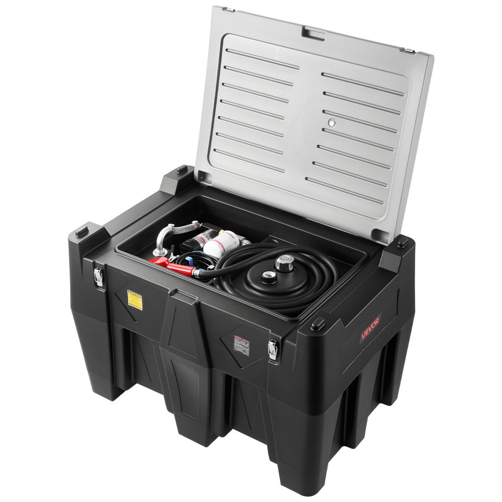 VEVOR draagbare dieseltank, 484,5 l inhoud en 45 l/min debiet, gasbrandstoftank met 12 V-transferpomp en 4 m rubberen slang, dieseltransfertanks voor brandstoftransport, zwart