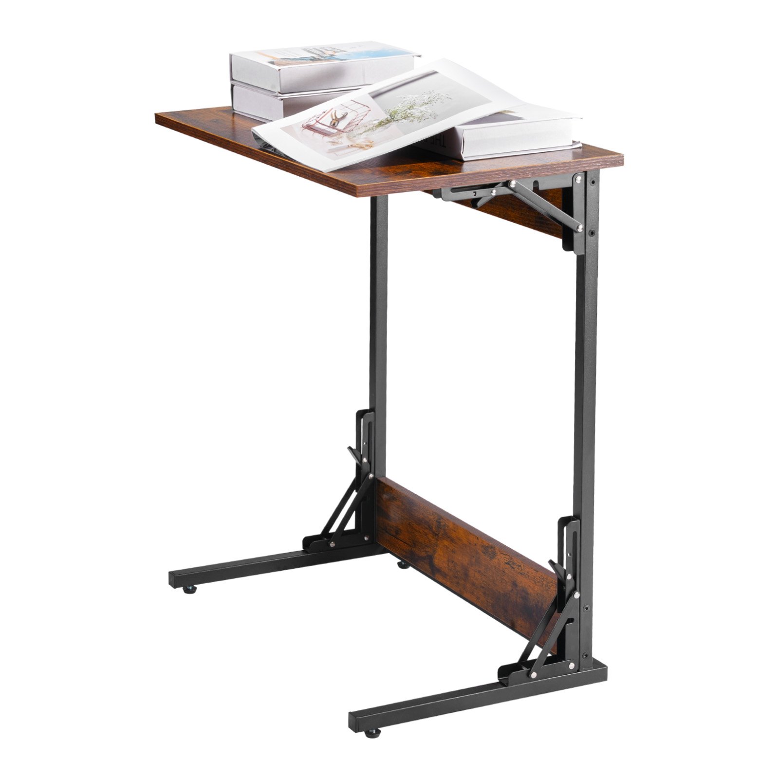 VEVOR Bijzettafel Salontafel Opvouwbaar met Metalen Frame en Verstelbare Voeten, C-vormige Salontafel voor Woonkamer Slaapkamer Kantoor 60 x 37 x 70 cm TV-lade, Salontafel Bruin en Zwart