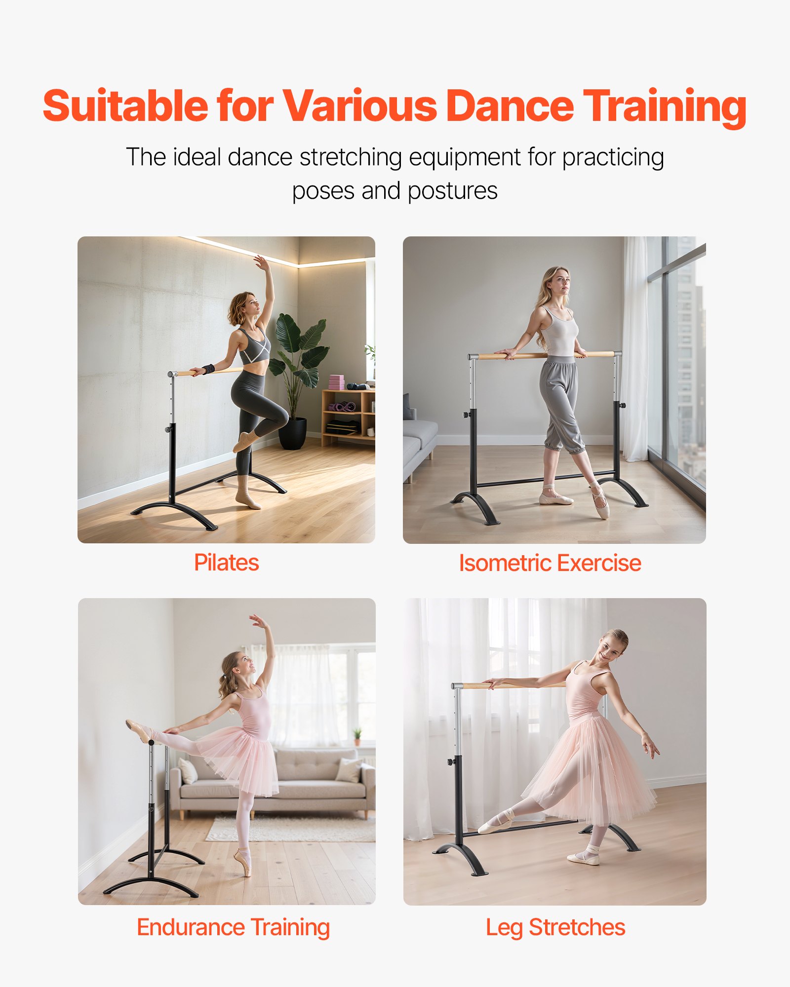 VEVOR Ballet Barre, vrijstaande balletbarre, in hoogte verstelbaar (5 standen / 715-1115 mm), stretchbarre van koolstofstaal voor ballet, balanstraining en ontspanningsoefeningen.