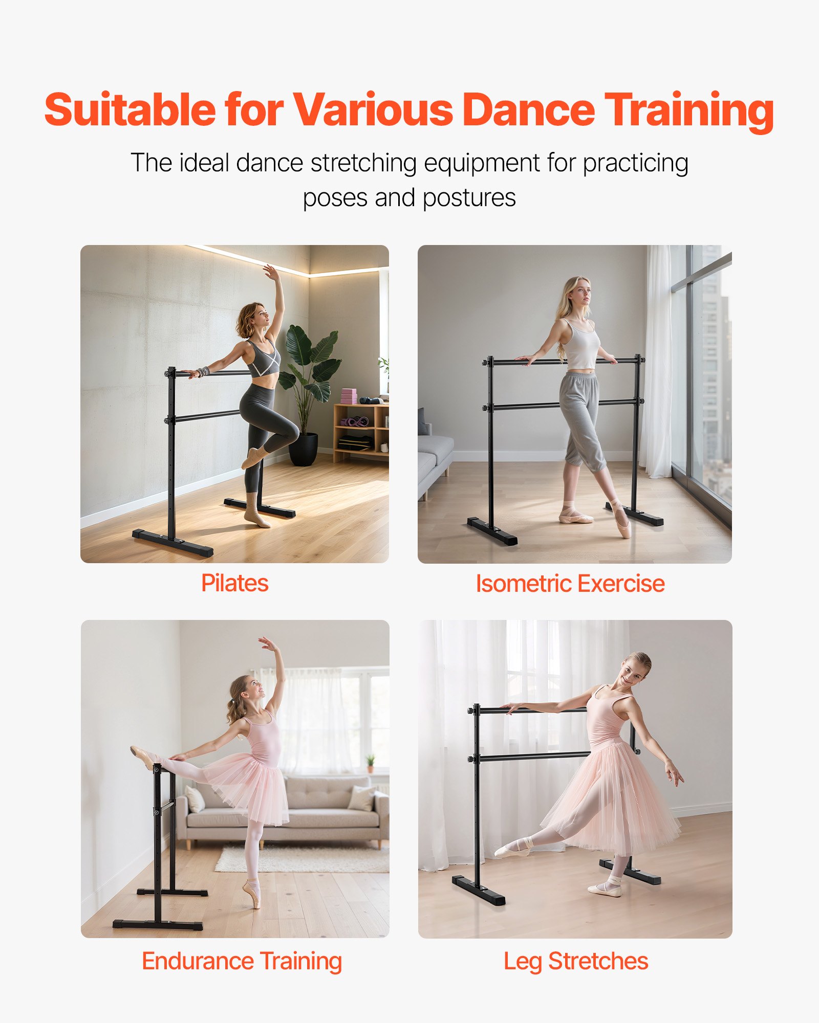 VEVOR Ballet Barre Dans Barre Vrijstaande Dubbele Barre, Hoogte Verstelbaar (10-niveau / 290-1205 mm) Metalen Stretch Barre voor Ballet Oefeningen, Balans Training, Ontspanningsoefeningen Draagbaar