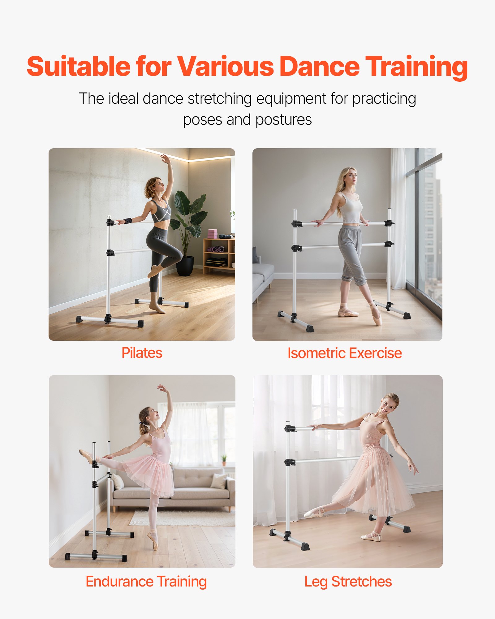 VEVOR Ballet Barre, Aluminum Double Barre Bar for Home, Freestanding Portable Ballet Stretching Dance Bars, Height Adjustable Anti-Wobble Fitness Studio Equipment, for Pilates Balance Workout