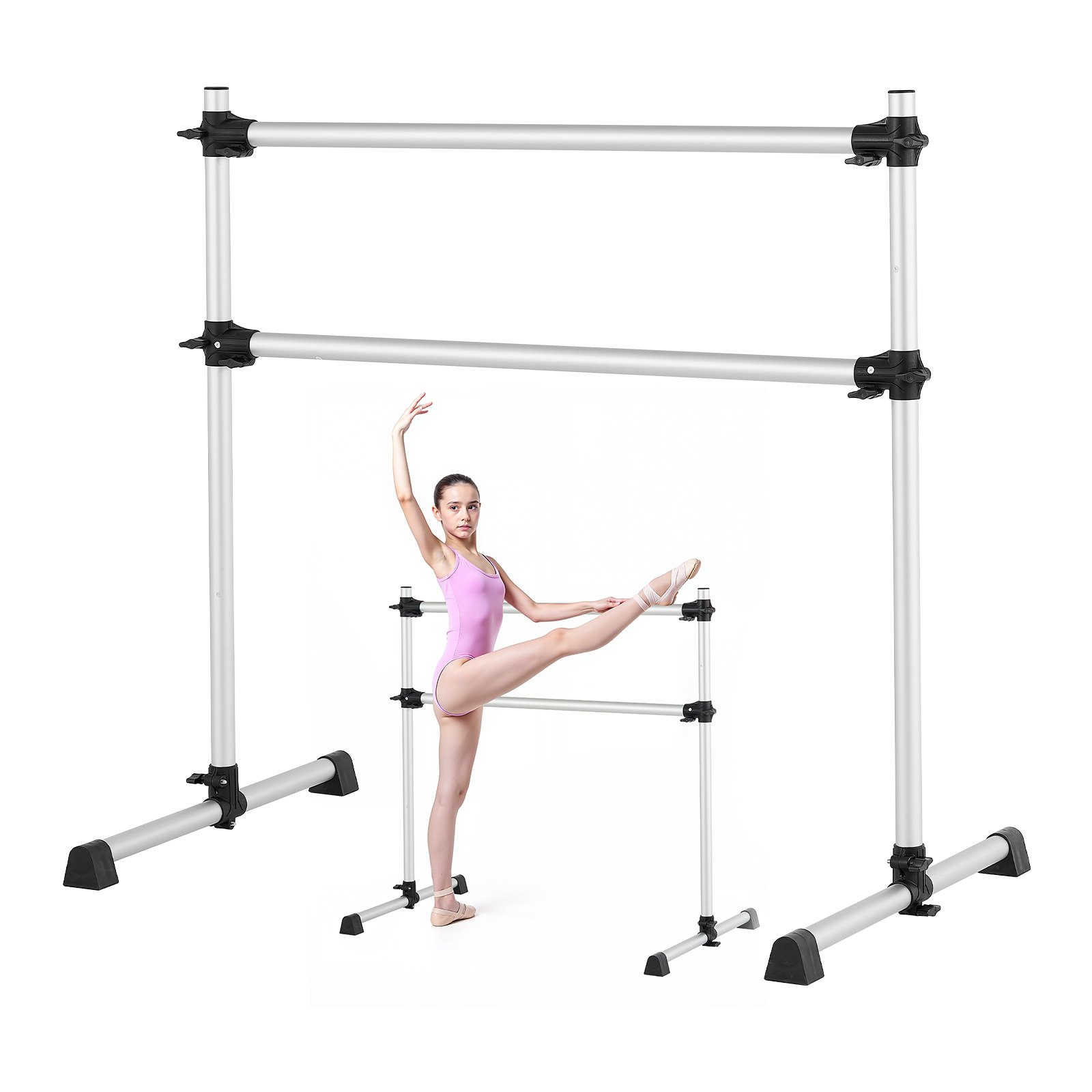 VEVOR Ballet Barre, Aluminum Double Barre Bar for Home, Freestanding Portable Ballet Stretching Dance Bars, Height Adjustable Anti-Wobble Fitness Studio Equipment, for Pilates Balance Workout