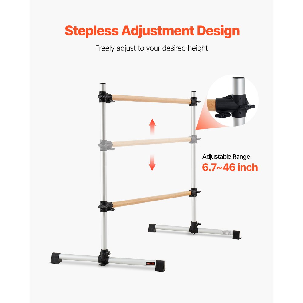 VEVOR Ballet Barre, Double Beechwood Barre Bar for Home, Freestanding Portable Ballet Stretching Dance Bars, Height Adjustable Anti-Wobble Fitness Gym Equipment, for Pilates Balance Workout