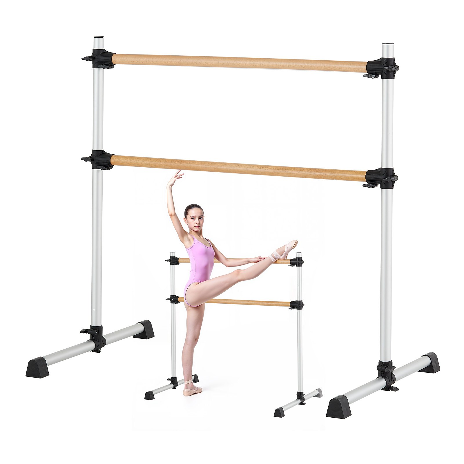 VEVOR Ballet Barre, Double Beechwood Barre Bar for Home, Freestanding Portable Ballet Stretching Dance Bars, Height Adjustable Anti-Wobble Fitness Gym Equipment, for Pilates Balance Workout