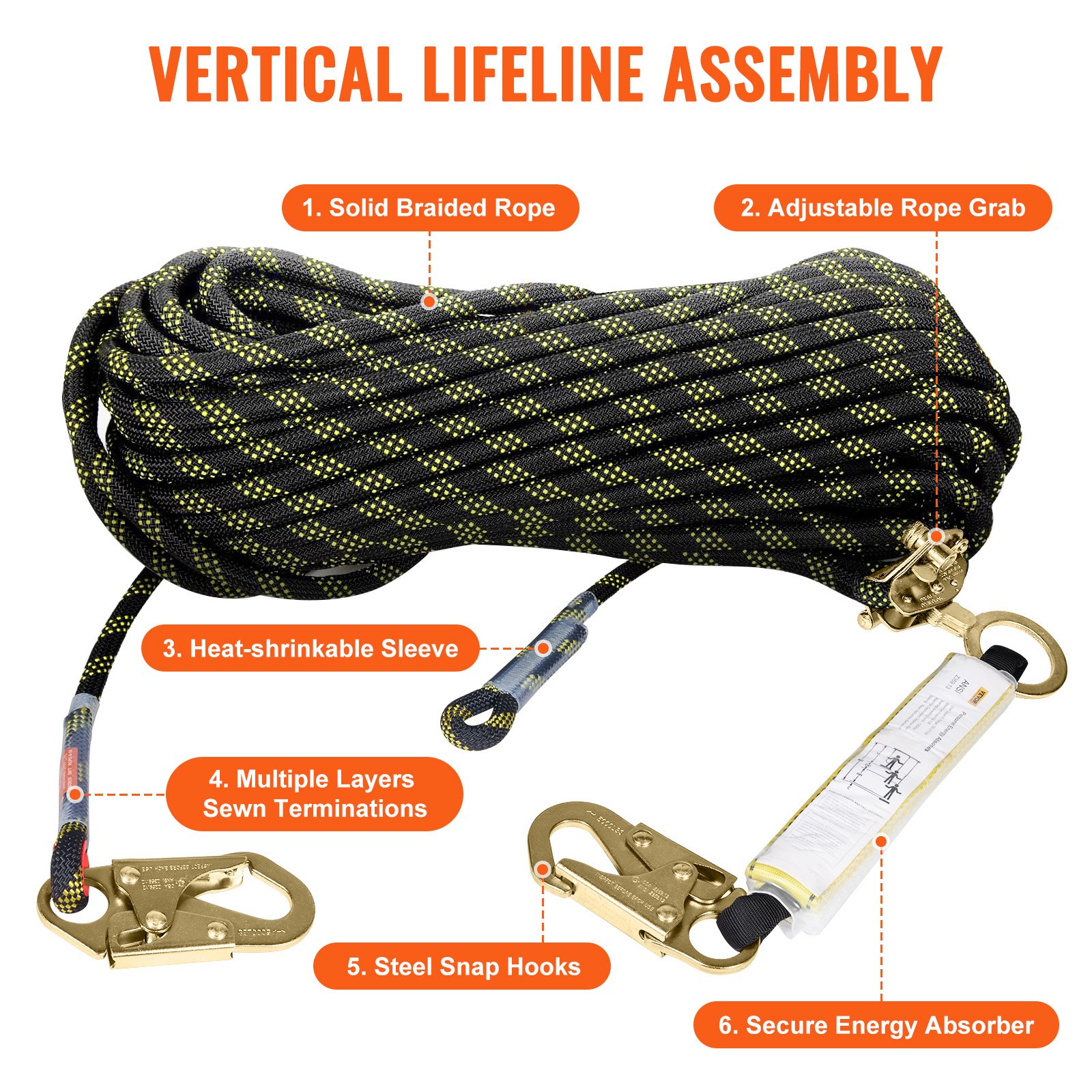 VEVOR Vertical Lifeline, 150ft (45.7m) Outdoor Climbing Rope 30KN Breaking Tension, Static Rock Climbing Rope with Steel Snap Hooks and Rope Grap, for Escape, Outdoor Adventures, and Lumbering, Black & Yellow