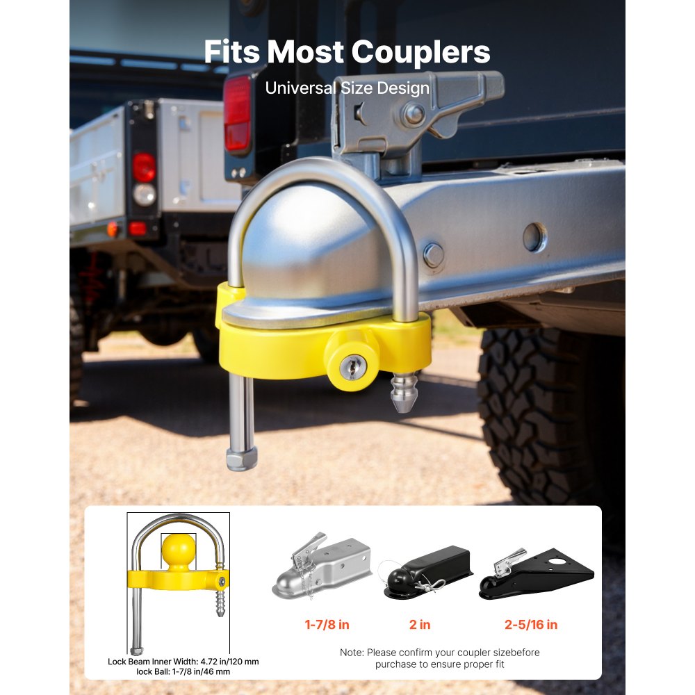 VEVOR Trailer Lock Set, geschikt voor 1-7/8 inch, 2 inch, 2-5/16 inch trekhaken, trailer kogelslot koppeling met sleutels, in hoogte verstelbaar ontwerp voor campers, boten, trailers, geel