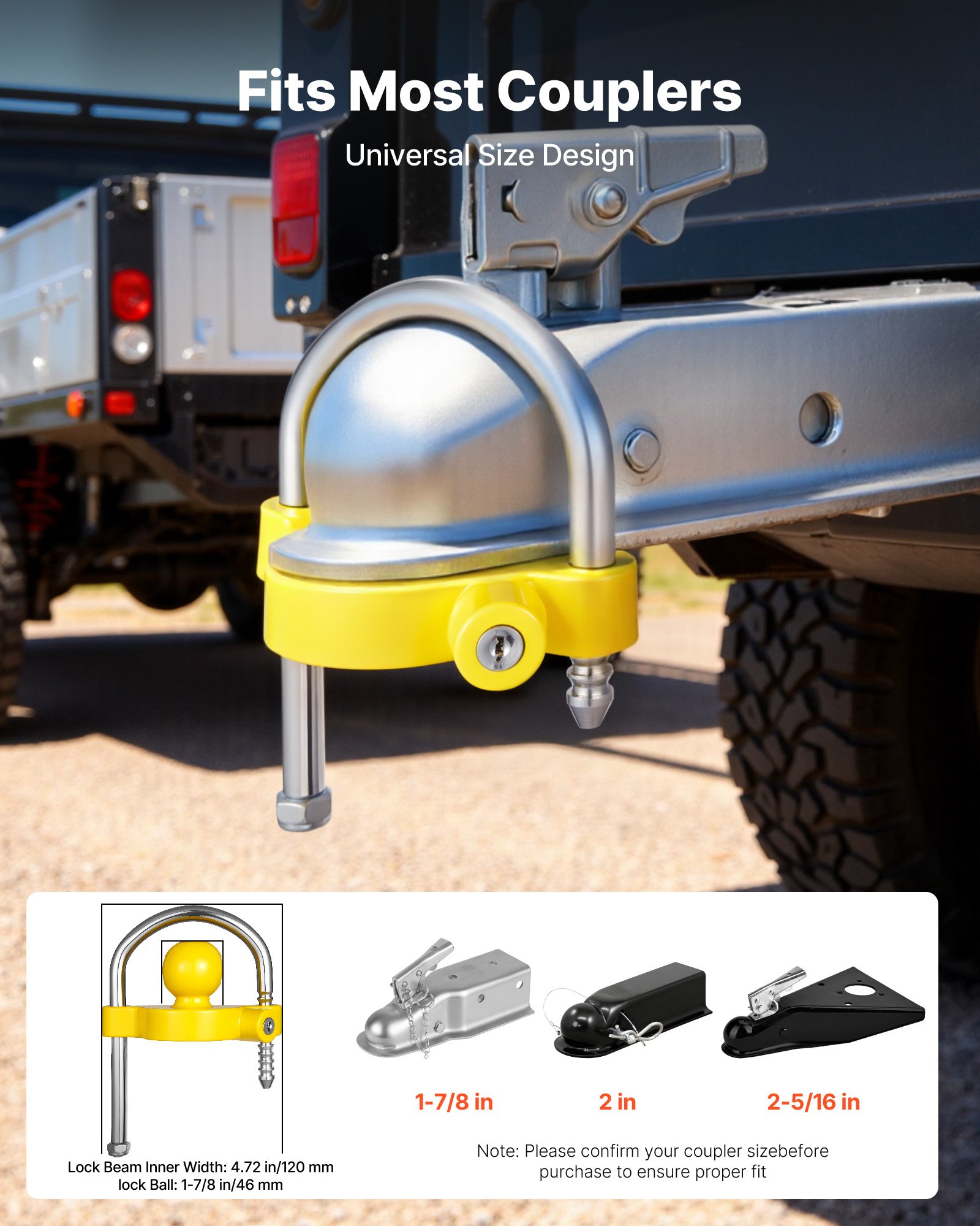 VEVOR Trailer Lock Set, geschikt voor 1-7/8 inch, 2 inch, 2-5/16 inch trekhaken, trailer kogelslot koppeling met sleutels, in hoogte verstelbaar ontwerp voor campers, boten, trailers, geel