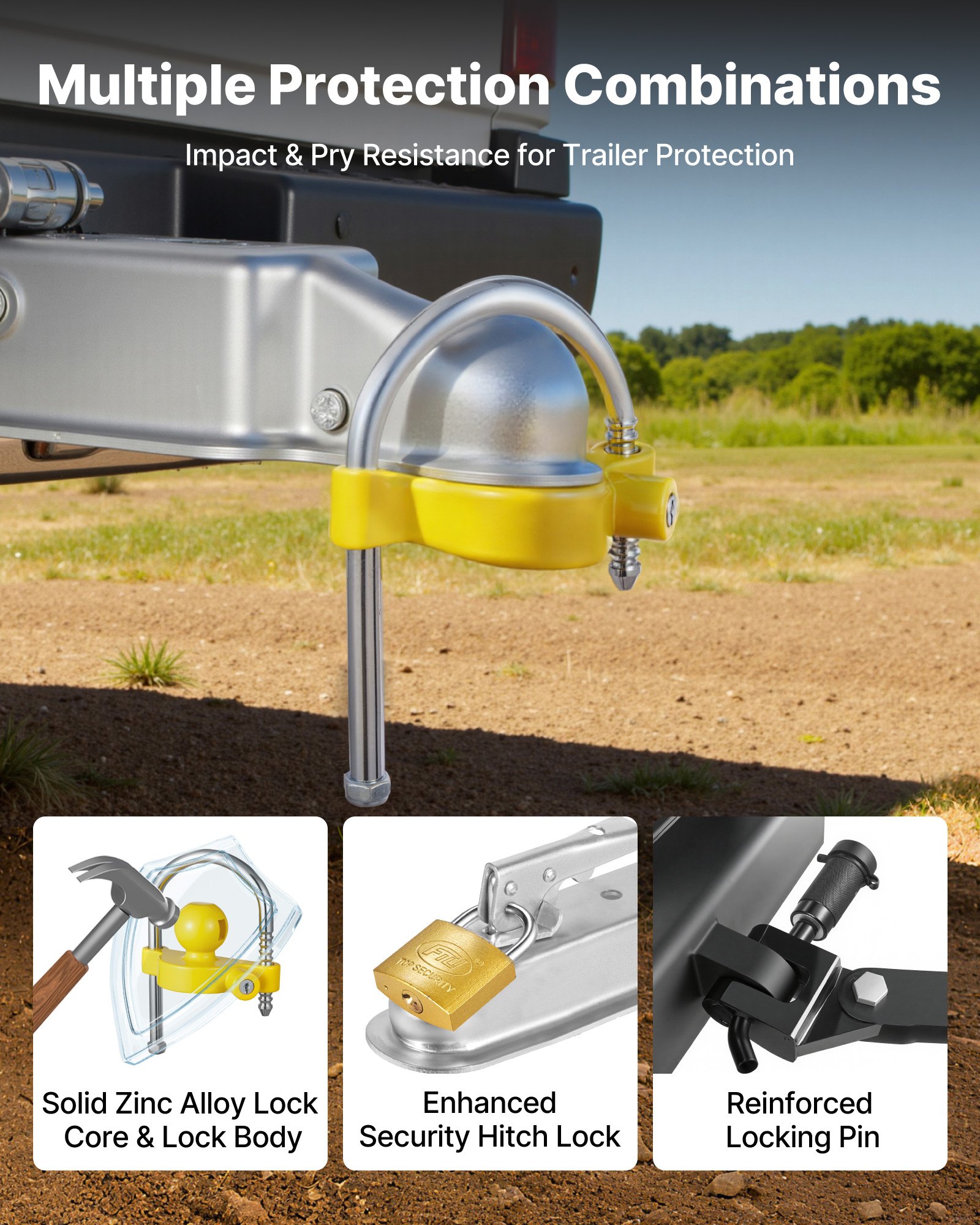 VEVOR Trailer Lock Set, geschikt voor 1-7/8 inch, 2 inch, 2-5/16 inch trekhaken, trailer kogelslot koppeling met sleutels, in hoogte verstelbaar ontwerp voor campers, boten, trailers, geel