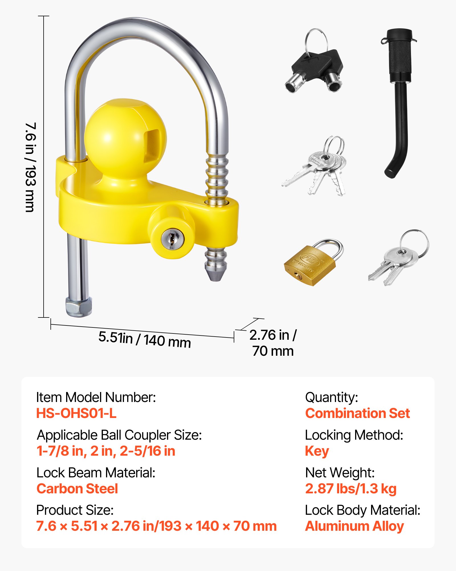 VEVOR Trailer Lock Set, geschikt voor 1-7/8 inch, 2 inch, 2-5/16 inch trekhaken, trailer kogelslot koppeling met sleutels, in hoogte verstelbaar ontwerp voor campers, boten, trailers, geel