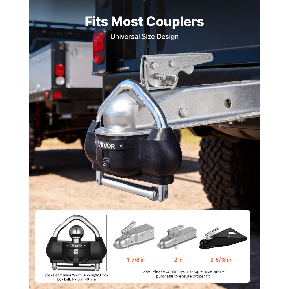 VEVOR Trailer Hitch Lock, Fits for 1-7/8 in, 2 in, 2-5/16 in Couplers, Heavy-Duty Anti-Theft Trailer Ball Lock with 3 Keys, Prying-Resistant, Adjustable Height Design for RVs, Boats, Trailers, Black