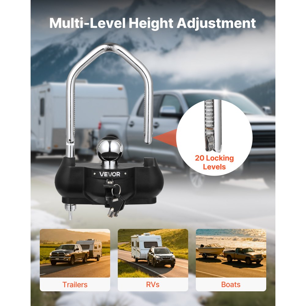 VEVOR Trailer Hitch Lock, Fits for 1-7/8 in, 2 in, 2-5/16 in Couplers, Heavy-Duty Anti-Theft Trailer Ball Lock with 3 Keys, Prying-Resistant, Adjustable Height Design for RVs, Boats, Trailers, Black