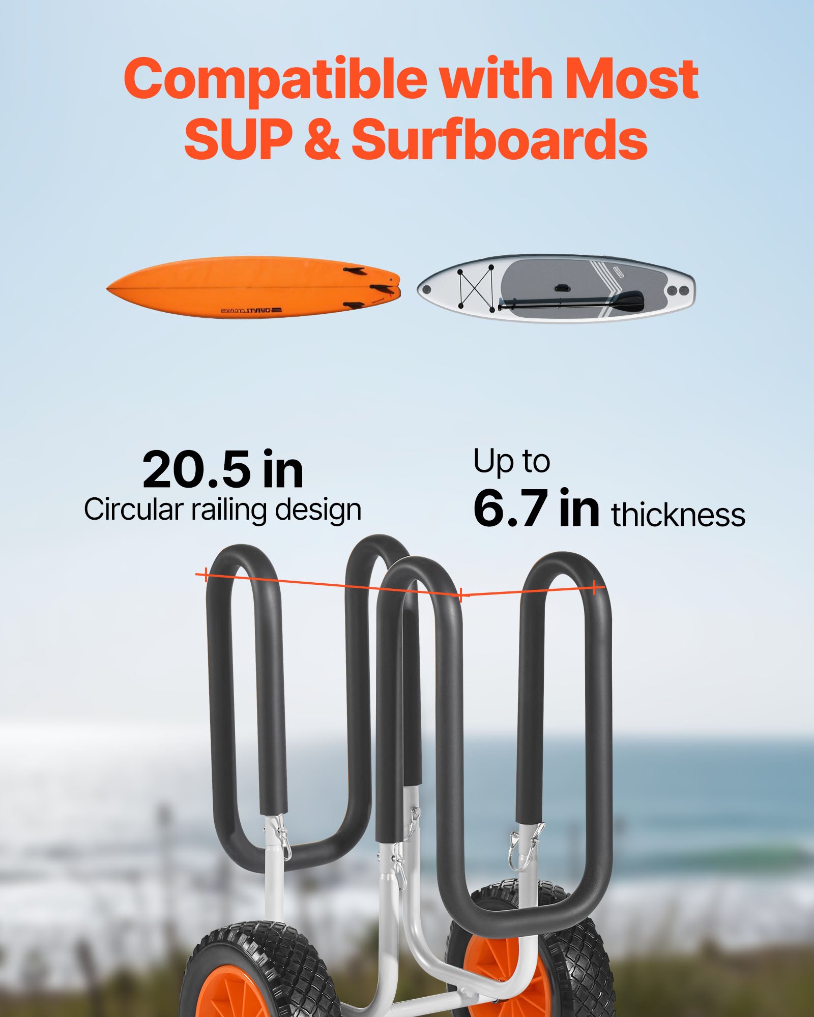 VEVOR Transport Trolley, 68 kg, Stand Up Paddle Board Trolley met 25,4 cm massieve rubberen banden, schuimvulling, spanband, ideaal transporthulpmiddel voor paddleboards en surfplanken, 520 x 500 x 680 mm