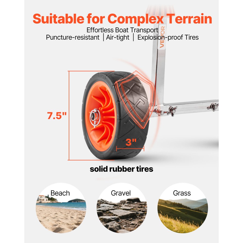 VEVOR Kajakkar, 113 kg, kanokar met 19,1 cm massieve rubberen banden en 4 m spanband, bootkar voor het vervoeren van kajaks, kano's, paddleboards, Jon Boats, watersportuitrusting, 560 x 190 x 485 mm