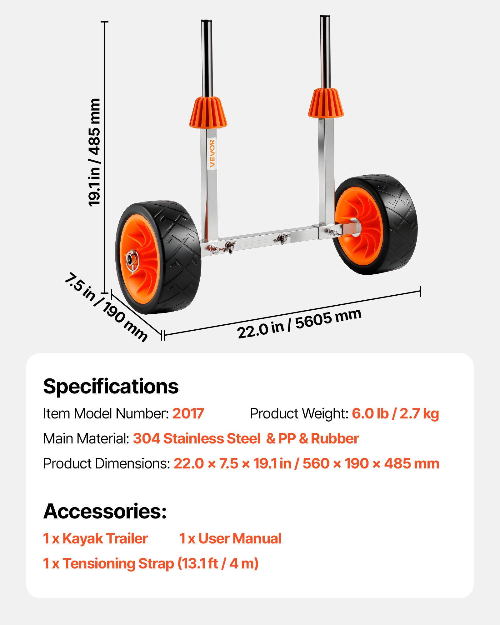 VEVOR Kajakkar, 113 kg, kanokar met 19,1 cm massieve rubberen banden en 4 m spanband, bootkar voor het vervoeren van kajaks, kano's, paddleboards, Jon Boats, watersportuitrusting, 560 x 190 x 485 mm