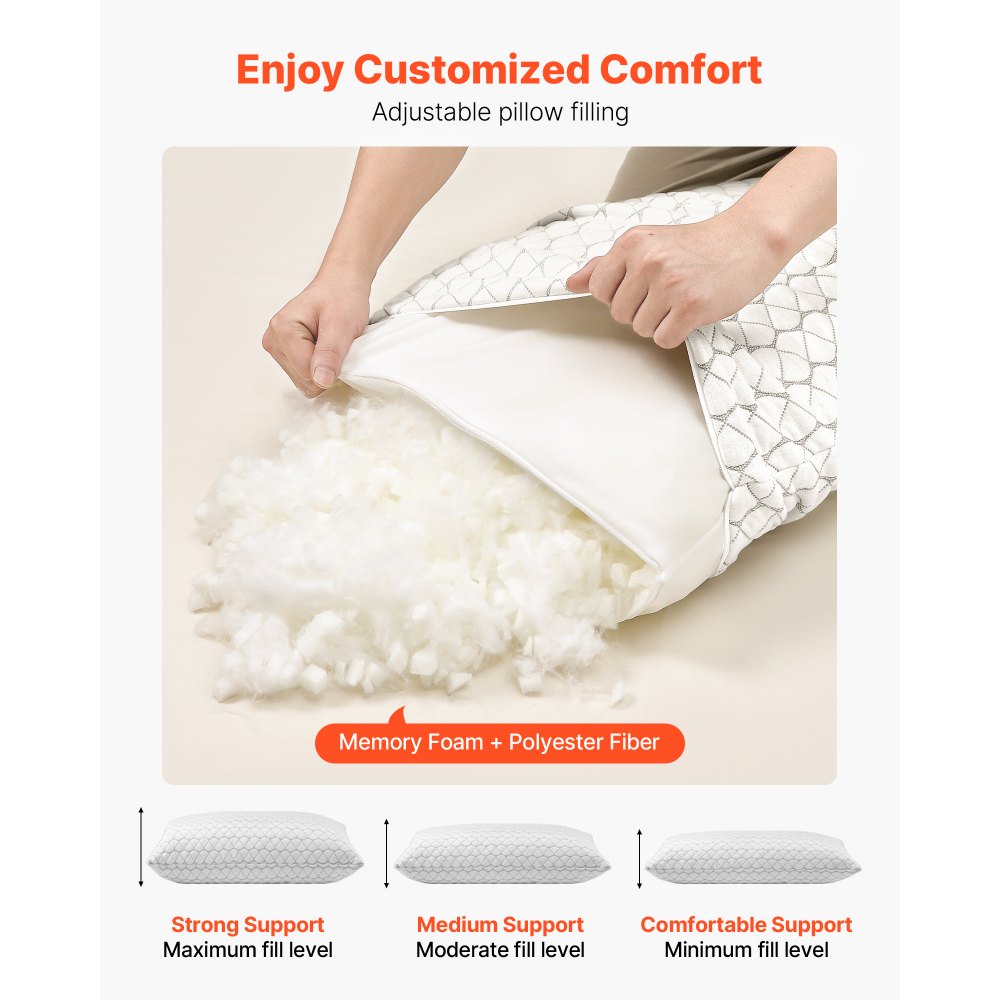 VEVOR Queen Size Memory Foam Kussen, Ondersteunend en Verstelbaar Bedkussen, Inclusief Kussensloop van Natuurlijke Vezels, Beddengoed voor Rug-, Buik- en Zijslapers