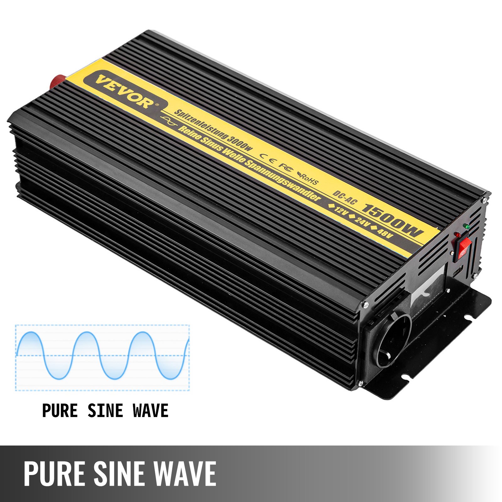 Vevor Zuivere Sinus Omvormer Omvormer 12 V Naar 230 V 1500 W Pure Sinus Lcd Auto