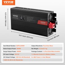 VEVOR Pure Sine Wave Power Inverter 2000W DC 12V AC 230V Voltage Converter with 2 AC Outlets 2 USB Ports 1 Type-C Port LCD Display and Remote Control for Medium Size Home Appliances