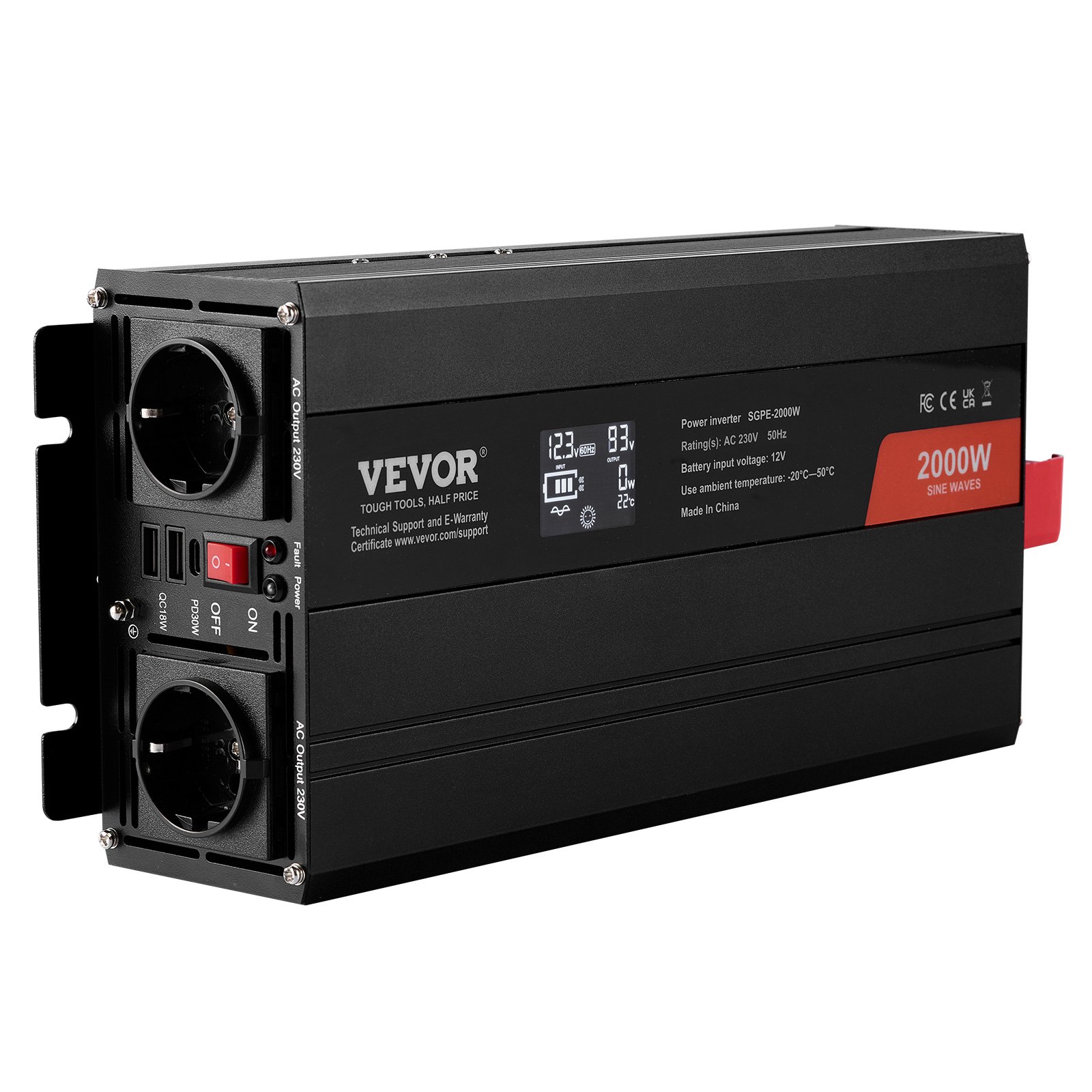 VEVOR 2000W zuivere sinusomvormer van 12 V naar 230 V wisselstroom met 2 stopcontacten, 2 USB-poorten, 1 type-C-poort, lcd-scherm en afstandsbediening voor middelgrote huishoudelijke apparaten