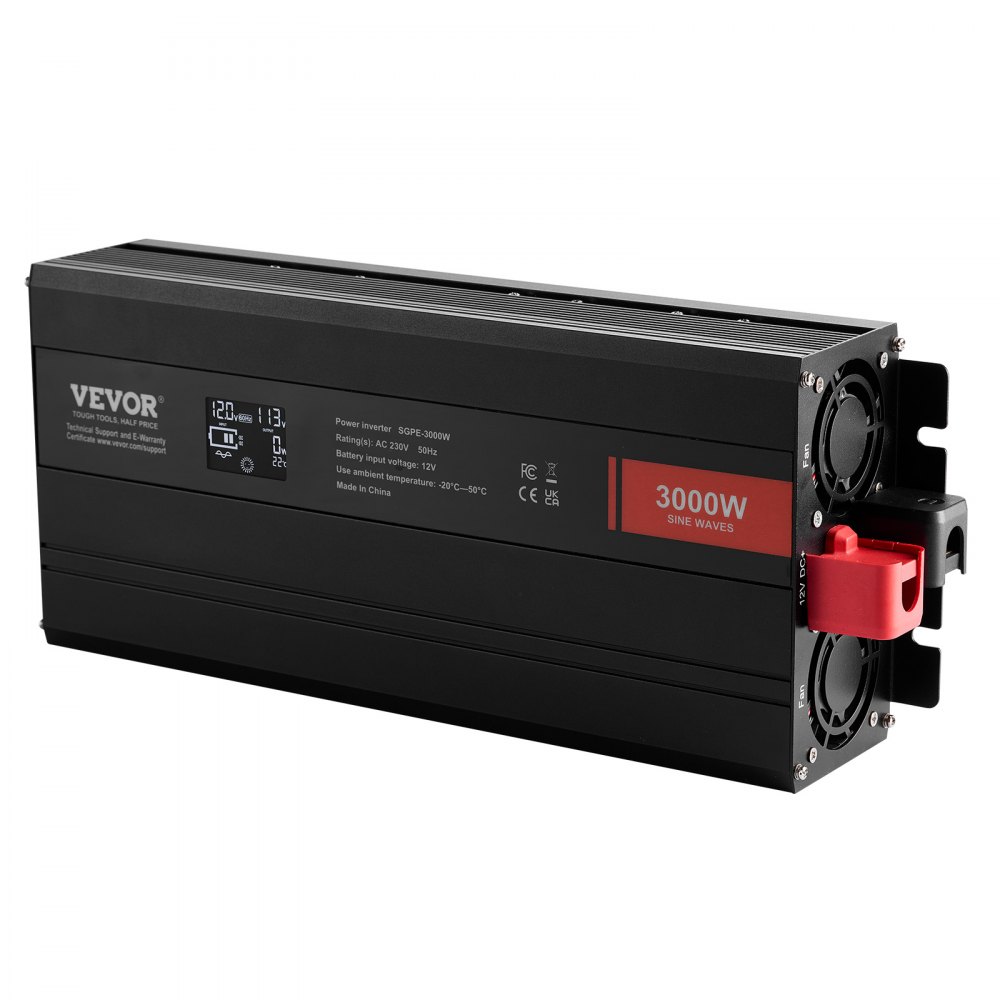 VEVOR 3000W zuivere sinusomvormer DC 12V naar AC 230V spanningsomvormer met 2 stopcontacten, 2 USB-poorten, 1 Type-C-poort, LCD-scherm en afstandsbediening voor grote huishoudelijke apparaten