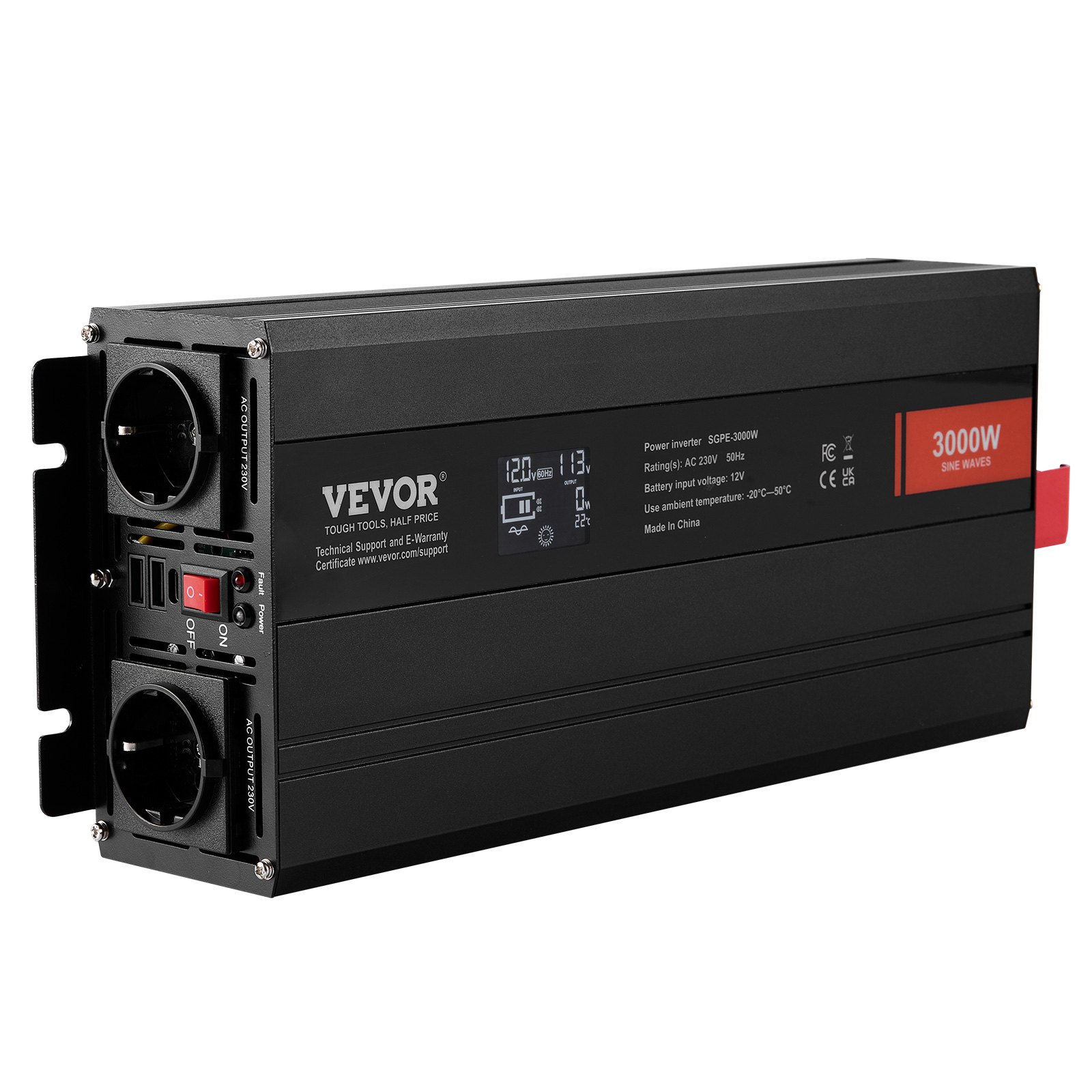 VEVOR 3000W zuivere sinusomvormer DC 12V naar AC 230V spanningsomvormer met 2 stopcontacten, 2 USB-poorten, 1 Type-C-poort, LCD-scherm en afstandsbediening voor grote huishoudelijke apparaten