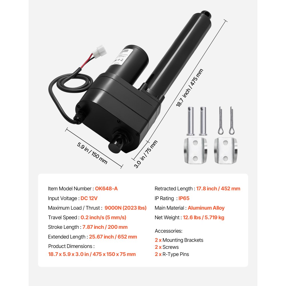 VEVOR 12V lineaire aandrijving, 200 mm lineaire actuator, 9000 N lineaire motor, IP65, 5 mm/s, lineaire actuatoren met montagebeugels voor industriële machinecontainers, zware hefsystemen