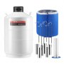 VEVOR liquid nitrogen tank with accessories: blue canister cover, six silver rods, white cylindrical holder.