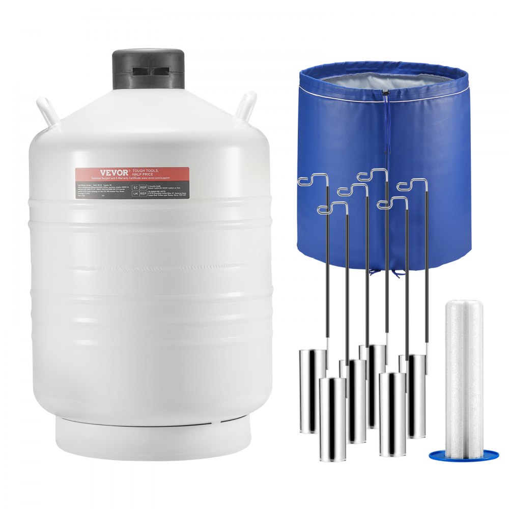 VEVOR liquid nitrogen tank with blue storage bag, six rods, and a cylindrical holder.