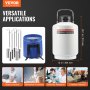 VEVOR liquid nitrogen tank with accessories for beauty, mechanical, scientific, and livestock applications.