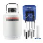 VEVOR liquid nitrogen tank with accessories, including a blue insulated carrier and multiple canisters.